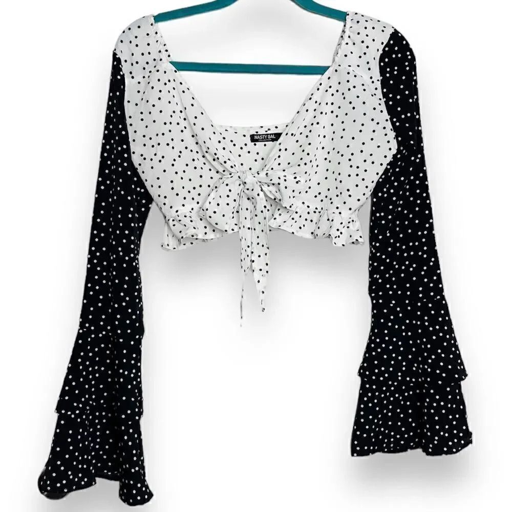Nasty Gal Front Tie Long Sleeve Polka Dot Crop Top White and Black Size 2